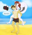  beach bikini canine clothed clothing dialog dialogue duo female fox half-dressed hat male mammal piggyback reverse_coloured_skunk reverse_skunk ronja sea seaside skimpy skunk swimsuit tazara text tight_clothing top_hat topless water 