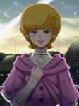  :d audrey_burne blonde_hair building capelet cloud gacha-m green_eyes gundam gundam_unicorn hand_on_own_chest highres long_sleeves looking_at_viewer open_mouth short_hair sky smile solo turtleneck upper_body 