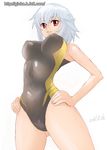  bad_id bad_pixiv_id ben-tou breasts competition_swimsuit ginko_(silver_fox) hands_on_hips large_breasts one-piece_swimsuit red_eyes short_hair silver_hair smile solo swimsuit yarizui_sen 