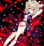  armpits arms_behind_head arms_up bad_id bad_pixiv_id bare_legs belt blonde_hair blush breasts cleavage collar dress earmuffs flower highres medium_breasts nanase_nao no_bra open_clothes open_dress purple_skirt red_eyes skirt smile solo spiked_collar spikes touhou toyosatomimi_no_miko 