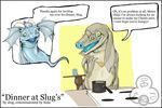  blue blue_nose blue_tongue cheeto comic dragon english_text eyewear glasses hida horn male mephitoad pot scalie slug_(artist) slug_(character) spoon stove table text 