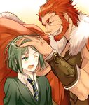  armor bad_id bad_pixiv_id bangs beard blush cape facial_hair fate/zero fate_(series) green_eyes green_hair male_focus multiple_boys necktie parted_bangs petting red_hair rider_(fate/zero) shoko_makiko waver_velvet wince 