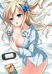  :o aqua_eyes bad_id bad_pixiv_id blonde_hair boku_wa_tomodachi_ga_sukunai breasts butterfly_hair_ornament cariboy cleavage hair_ornament handheld_game_console kashiwazaki_sena large_breasts long_hair lying manga_(object) on_bed on_side open_clothes open_mouth open_shirt panties playstation_portable shirt solo underwear 