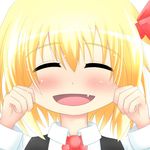  ascot bad_id bad_pixiv_id blonde_hair blush cheek_pull close-up closed_eyes fang hair_ribbon koji_(kohei66) open_mouth ribbon rumia shirt smile solo touhou vest 