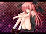  bare_legs bat_wings blush bug butterfly checkered checkered_background demon_tail flower gradient gradient_background hanazome_dotera head_wings heart insect knees_on_chest koakuma leg_hug loafers long_hair magic_circle panties pink_hair red_eyes red_hair red_panties shoes sitting skirt skirt_set smile socks solo tail touhou underwear vest white_legwear wings 