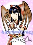  beak bird black_hair bow closed_eyes hair_bow hairband hawk long_hair mamahaha mera_jin nakoruru praying red_bow samurai_spirits signature vambraces 