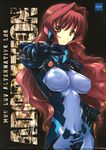  absurdres artist_request bodysuit breasts brown_hair highres impossible_clothes jinguuji_marimo large_breasts long_hair looking_at_viewer muvluv muvluv_alternative pilot_suit pointing scan skin_tight smile solo yellow_eyes 