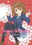  blazer brown_eyes brown_hair cake food fork happy_birthday hirasawa_yui jacket k-on! loafers pantyhose plate school_uniform shoes short_hair solo umino_tomo 