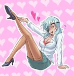  1girl arm_support bare_legs bra breasts cleavage eyepatch female genderswap high_heels inazuma_eleven inazuma_eleven_(series) leg_lift long_hair office_lady red_bra sakuma_jirou shoes skirt smile solo thighhighs underwear white_hair 