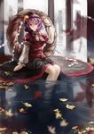  dress leaf purple_hair red_eyes rope shimenawa short_hair sitting soaking_feet solo touhou vetina water yasaka_kanako 