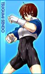  bike_shorts brown_eyes brown_hair fatal_fury fingerless_gloves gloves king_of_fighters latex leotard muscle muscles muscular_female sendo_tsugumi snk spats 