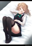  1girl ascot bed black_legwear blush breasts commentary_request covering_mouth double_bun dress eyebrows_visible_through_hair from_above full_body green_neckwear hair_bun hair_flaps hand_on_own_stomach hand_over_own_mouth harukana_(harukana_10) highres kantai_collection light_brown_hair long_sleeves looking_at_viewer lying michishio_(kantai_collection) no_shoes on_back panties pillarboxed pinafore_dress remodel_(kantai_collection) revision shirt short_sleeves short_twintails small_breasts solo thighhighs twintails twitter_username underwear white_panties white_shirt yellow_eyes 