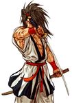  capcom_vs_snk_2 haoumaru holding holding_weapon japanese_clothes katana long_hair male_focus muscle nishimura_kinu official_art ponytail samurai samurai_spirits scabbard sheath snk solo sword weapon 