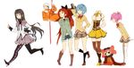  5girls akemi_homura argyle argyle_legwear banned_artist black_hair black_legwear blue_hair boots bow breasts capelet charlotte_(madoka_magica) hair_bow hair_ribbon hat headless high_heels i_want_my_hat_back jumpsuit kaname_madoka long_hair lowres mahou_shoujo_madoka_magica mami_mogu_mogu medium_breasts miki_sayaka morning_rescue multiple_girls pantyhose parody pink_hair plaid plaid_skirt pleated_skirt ponytail red_hair ribbon rope sakura_kyouko school_uniform shoes short_hair short_twintails simple_background skirt small_breasts spoilers striped striped_legwear thighhighs tomoe_mami tribute twintails vertical-striped_legwear vertical_stripes white_background white_legwear zettai_ryouiki 