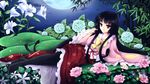  adjusting_hair black_hair branch flower fuku_arashi houraisan_kaguya hydrangea jeweled_branch_of_hourai leaf lily_(flower) long_hair long_skirt lying moon night pantyhose pink_flower pink_rose red_eyes rose skirt solo touhou 