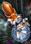  antennae belt earth foreshortening glowing glowing_eyes kamen_rider kamen_rider_fourze kamen_rider_fourze_(series) male_focus nao_yuki rocket solo space 