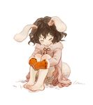 :&lt; animal_ears bare_legs barefoot bloomers brown_hair bunny_ears bunny_tail child closed_eyes coat feet frown full_body gloves inaba_tewi iwamoto_zerogo leg_hug simple_background sitting solo tail toes touhou underwear upskirt wavy_hair 