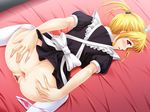  apron ass ass_grab bad_id bad_pixiv_id bed_sheet blonde_hair censored grabbing_own_ass looking_back m_maitake maid maid_headdress original panties panties_around_one_leg pussy red_eyes short_ponytail solo spread_ass thighhighs top-down_bottom-up underwear white_legwear 