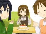  black_eyes black_hair brown_eyes brown_hair cake couch food fork hirasawa_ui hirasawa_yui holding holding_fork k-on! multiple_girls nakano_azusa nasuna short_hair table tongue tongue_out v 