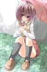  bad_id bad_pixiv_id bamboo_blade bob_cut empty_eyes grass head_tilt highres kawazoe_tamaki purple_eyes purple_hair school_uniform shoes short_hair sitting skirt socks solo tabuchi_(tabuchisanchi) umbrella 