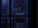  balcony city_lights clenched_teeth cold crossed_arms darkness detached_sleeves door hair_tubes hakurei_reimu hat looking_at_viewer night santa_costume santa_hat shirosato snowing solo teeth touhou 