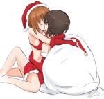  10s 2girls arms_around_neck bag bra breasts brown_eyes brown_hair christmas eyes_closed girls_und_panzer gloves hair_between_eyes hat incest kiss multiple_girls mutsu_(layergreen) nishizumi_maho nishizumi_miho red_bra red_gloves santa_hat siblings sideboob simple_background sisters straddling underwear yuri 