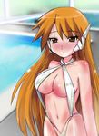  breasts brown_eyes brown_hair cleavage large_breasts long_hair navel robot_ears serio shiny shiny_skin sideboob slingshot_swimsuit solo swimsuit t2 to_heart 