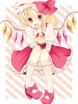  ai_(boredom) ascot bad_id bad_pixiv_id blonde_hair bow crystal fang flandre_scarlet hat long_hair open_mouth red_eyes side_ponytail sitting solo touhou wings 