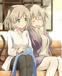  animal_ears bench black_legwear blonde_hair blush buttons cat_ears closed_eyes eila_ilmatar_juutilainen green_eyes long_hair multiple_girls open_mouth pantyhose sanya_v_litvyak short_hair silver_hair sleeping smile strike_witches tail tsuchii_(ramakifrau) white_legwear window world_witches_series 