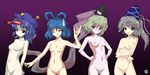  ^_^ alphes_(style) arms_behind_back blue_eyes blue_hair blush breasts censored closed_eyes cross green_eyes green_hair grey_hair hair_ornament hair_rings hair_stick hands_on_hips hat jiangshi kaku_seiga kaoru_(gensou_yuugen-an) long_hair miyako_yoshika mononobe_no_futo multiple_girls nipples nude ofuda pale_skin parody ponytail shawl short_hair small_breasts soga_no_tojiko star style_parody sweatdrop tate_eboshi touhou yellow_eyes 