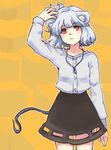  animal_ears bad_id bad_pixiv_id brown_eyes hand_on_own_head mouse mouse_ears mouse_tail nazrin noko_(iamsimply2000) open_mouth short_hair skirt solo tail touhou 