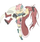  black_legwear blue_eyes blue_hair blush boots cape carrying character_mask corset cosplay detached_sleeves dress face_mask gloves hair_ribbon hands_on_own_chest kaname_madoka long_hair magical_girl mahou_shoujo_madoka_magica mask miki_sayaka miki_sayaka_(cosplay) multiple_girls open_mouth pink_hair ponytail princess_carry red_dress red_eyes red_hair ribbon sakura_kyouko serohan short_hair simple_background smile thighhighs twintails wavy_mouth white_gloves white_legwear zettai_ryouiki 