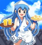  blue_eyes blue_hair dress drink food fried_rice glass hat ikamusume long_hair shinryaku!_ikamusume shrimp solo tennen_shiori tentacle_hair tray 
