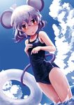  animal animal_ears animal_on_head blue_sky blush cloud day grey_hair ikamagu innertube jitome mouse mouse_ears mouse_tail nazrin on_head one-piece_swimsuit open_mouth prehensile_tail red_eyes school_swimsuit shiny shiny_clothes short_hair sky solo swimsuit tail touhou wading wet wet_clothes 
