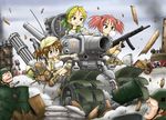  3girls akiran_(r32) belt blonde_hair brown_hair caterpillar_tracks explosive fio_germi gatling_gun glasses grenade ground_vehicle gun kasamoto_eri knee_pads metal_slug military military_vehicle motor_vehicle multiple_boys multiple_girls nadia_cassel nop-03_sarubia ponytail short_shorts shorts snk stielhandgranate sv001_(metal_slug) tank weapon 