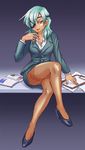  1girl bare_legs breasts cleavage crossed_legs dark_skin desk eyepatch female genderswap high_heels inazuma_eleven inazuma_eleven_(series) legs_crossed long_hair office_lady sakuma_jirou sitting smile solo thighhighs white_hair 