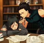  ahoge bangs black_hair book closed_eyes fate/zero fate_(series) hair_grab lancer_(fate/zero) library long_hair male_focus multiple_boys ninesounds paper parted_bangs sleeping smile waver_velvet yellow_eyes 