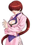  breasts brown_hair cleavage cleavage_cutout earrings hair_over_eyes jewelry large_breasts lipstick long_hair makeup nail_polish nakano_tomokazu official_art ponytail purple_nails shermie the_king_of_fighters the_king_of_fighters_neowave 