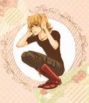  akixx animal_ears bad_id bad_pixiv_id barnaby_brooks_jr blonde_hair boots bunny_ears glasses green_eyes hands jewelry male_focus necklace shirt solo squatting t-shirt tiger_&amp;_bunny 