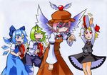  anger_vein antennae blonde_hair blue_eyes blue_hair blush_stickers bow cape cirno dress eyebrows hair_bow happy hat ice instrument itsumo_no_you_ni_love_&amp;_peace!! kawachi_koorogi marker_(medium) microphone multiple_girls mystia_lorelei parody pink_hair red_eyes rumia tambourine team_9 thick_eyebrows touhou traditional_media wings working!! wriggle_nightbug 