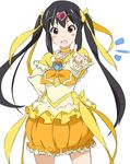  black_hair bow brown_eyes bubble_skirt choker circlet cosplay cure_muse_(yellow) cure_muse_(yellow)_(cosplay) face k-on! long_hair nakano_azusa open_mouth orange_skirt pointing pointing_at_viewer precure round_teeth sidelocks skirt smile solo suite_precure teeth twintails umanosuke very_long_hair white_background yellow_bow yellow_choker 