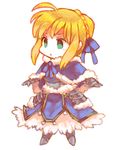 adapted_costume ahoge armor artoria_pendragon_(all) blonde_hair capelet chibi dress fate/stay_night fate_(series) gauntlets green_eyes hair_ribbon hashiko_(pecopom) lowres ribbon saber solo 