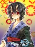  bad_id bad_pixiv_id black_hair fujiwara_akina horns japanese_clothes kimono lowres male_focus red_eyes solo soukuu_no_frontier sun_(symbol) sunburst 