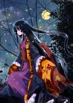  alternate_costume asa_no_ha_(pattern) bare_tree black_hair branch floating full_moon houraisan_kaguya japanese_clothes jeweled_branch_of_hourai kimono light_particles long_hair moon night profile seigaiha signature snow solo suzuri_(qoolemon) touhou tree 