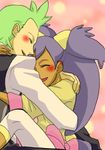  blush couple dark_skin dent_(pokemon) green_eyes green_hair happy hug iris_(pokemon) long_hair pokemon pokemon_(anime) pokemon_(game) pokemon_black_and_white pokemon_bw smile 