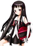  ar_tonelico ar_tonelico_ii black_hair blush elbow_gloves gloves headwear_removed helmet helmet_removed inumori_sayaka jakuri long_hair red_eyes rocket_launcher sentai solo weapon 