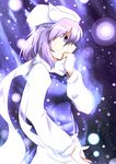  covering_mouth hand_over_own_mouth hat highres kuroyume_(dark495) lavender_hair letty_whiterock purple_eyes scarf short_hair snow solo touhou white_scarf 