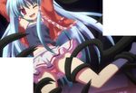  blue_hair cube_x_cursed_x_curious fear_kubrick highres long_hair non-web_source panties red_eyes screencap shirt skirt solo stitched striped third-party_edit underwear very_long_hair 