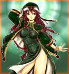  alternate_costume arm_up bare_legs blue_eyes bracelet braid breasts chinese_clothes colorized hat highres hong_meiling jewelry ledjoker07 lips long_hair medium_breasts red_hair ring side_slit simple_background solo touhou twin_braids very_long_hair 