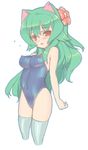  animal_ears bad_id bad_pixiv_id blade_(galaxist) blush breasts cat_ears covered_nipples cowboy_shot cropped_legs flower gen_1_pokemon green_hair hair_flower hair_ornament large_breasts orange_eyes personification pokemon simple_background solo swimsuit thighhighs venusaur white_background 